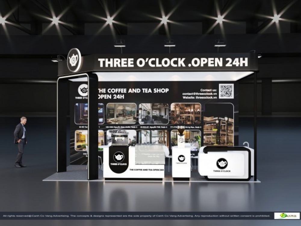 canh-co-vang-thiet-ke-thi-cong-gian-hang-trien-lam-three-oclock-tai-coffeeexpo-2024 Designs booth 2025